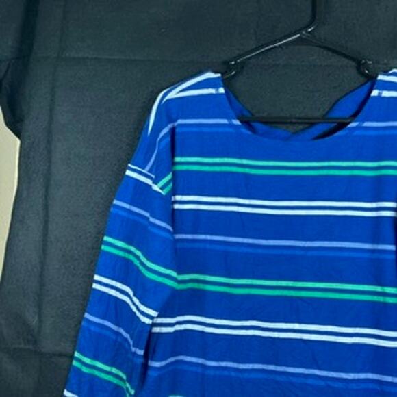T By Talbots Women Shirt Blue Striped Boat Neck Cross Back Long Sleeve Stretch L - Picture 4 of 12